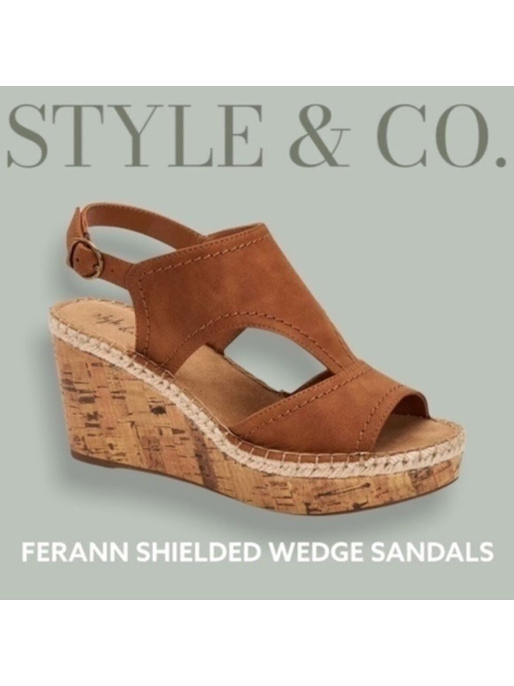 STYLE & CO. Brown Ferann Slingback Cork-Wedge Sandals -10M